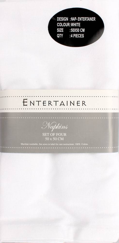"Entertainer" napkins 50x50cm set of four white. Code: NAP-ENT/SET/WHI.